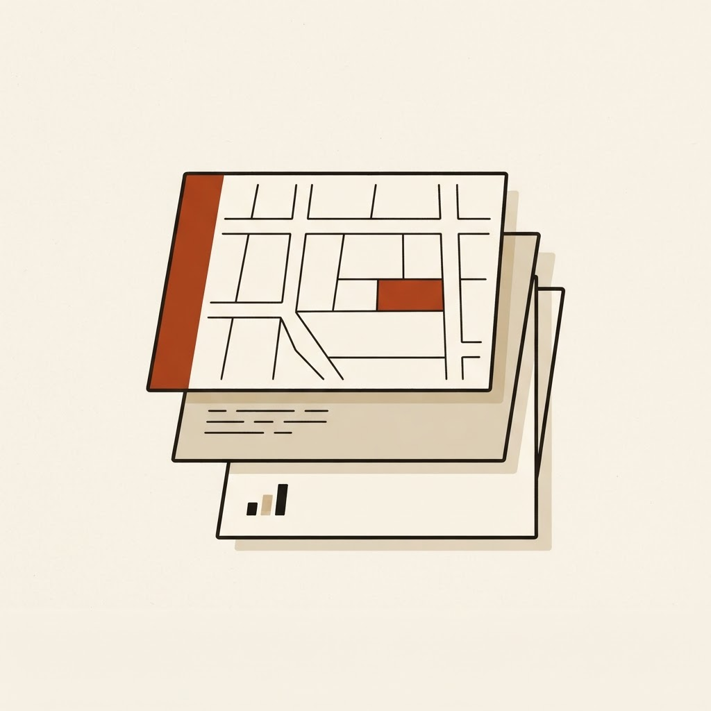 Illustration de trois documents publics superposés, dont un plan de zonage.