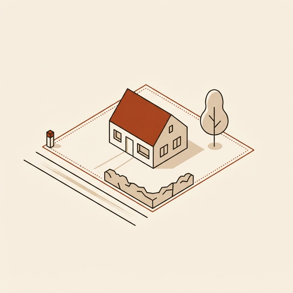 Illustration d'une maison sur sa parcelle, bordée d'une ligne de délimitation.